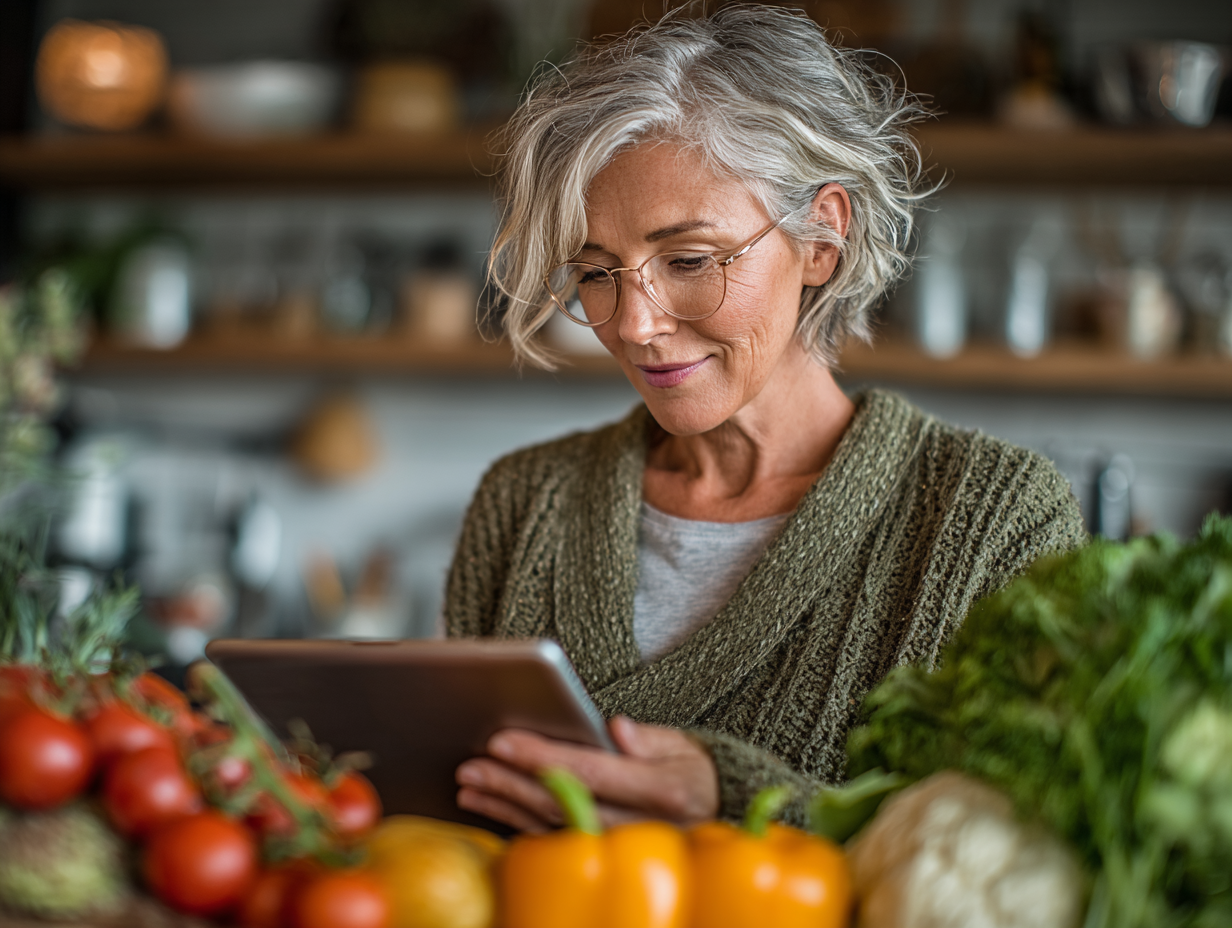 Nutritionist senior consulta un cuplu în vârstă într-o bucătărie modernă, explicând beneficiile unei alimentații echilibrate
