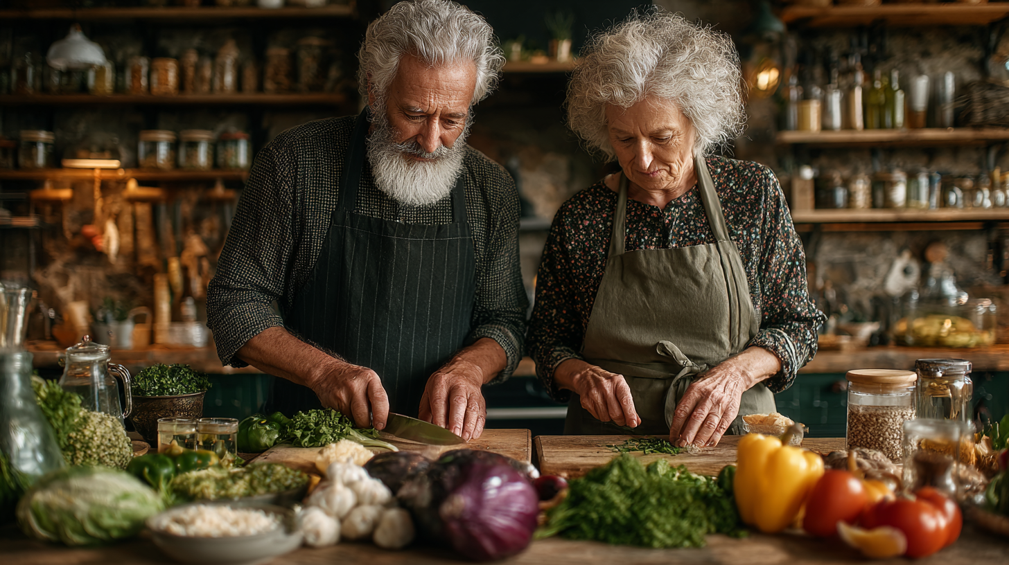 Cuplu senior fericit gătind împreună într-o bucătărie luminoasă, pregătind o masă sănătoasă cu legume fresh